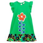 Vestido Infantil Malha Verde Barra Babado Floral Rabisco Fábula