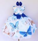 Vestido Infantil Para Festa Jardim Encantado Azul Borboletas Luxo E Tiara