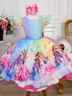 Vestido Infantil Princesa Festa da Barbie Colorido Strass Luxo Temático