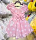 Vestido Infantil Princesa Festa Rosa Barbie Minnie com Bolinhas Brancas Laço Rosa