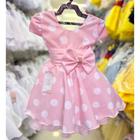 Vestido Infantil Princesa Festa Rosa Barbie Minnie com Bolinhas Brancas Laço Rosa