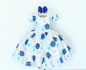 Vestido Infantil Princesa Florido Azul Branco Luxo E Tiara