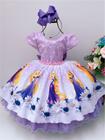 Vestido Infantil Rapunzel Lilás Com Pérolas Princesas Festas - Tam 1