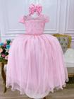 Vestido Infantil Rosa Bebê C/ Busto Nervura e Pérolas Damas Luxo Festa 4554RS