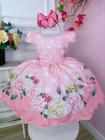 Vestido Infantil Rosa Bebê Florido Primavera Cinto Pérolas Luxo Festa 1132RS