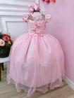 Vestido Infantil Rosa C/ Aplique Flores e Renda Damas Luxo Festa 4542RS