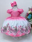 Vestido Infantil Rosa Chiclete Primavera Strass Pérolas Festa Luxo Temático