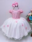 Vestido infantil rosa e off c/ renda e aplique princesas