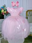 Vestido Infantil Rosa Peito Nervura Aplique Borboletas 6-12