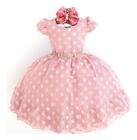 Vestido Infantil Rosa Rose Bolinha Luxo E Tiara