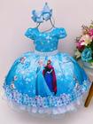 Vestido Infantil Super Luxo Frozen Azul C/ Cinto Pérolas Luxo Princesas Festa Temático