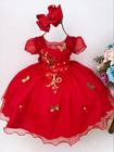 Vestido Infantil Vermelho Aplique Flores Borboletas Douradas luxo festa 1178VM