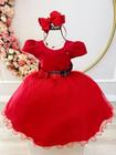 Vestido Infantil Vermelho C/ Broche de Flores Festas