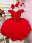 Vestido Infantil Vermelho C/ Renda Tiara e Cinto de Pérolas Luxo Festa 1053VF
