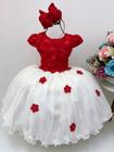 Vestido Infantil Vermelho e Off Com Renda e Aplique Flores