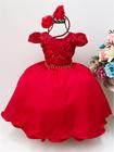 Vestido Infantil Vermelho Renda C/ Cinto de Pérolas C/Tiara
