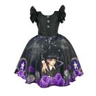 Vestido Infantil Wandinha Addams Castelo com flores Halloween