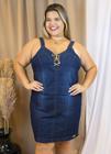 Vestido Jeans Curto Plus Size com Tira na Frente e Fecho