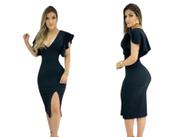 Vestido Midi Plus Size com Alça Regulável e Botões, decote em V e Fenda