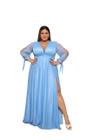 Vestido longo com brilho manga longa plus size com fenda