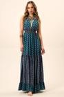 Vestido Longo com Decote Cortininha com Lastex Azul Patchwork Yacamim C19