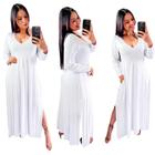 Vestido longo gola v com fenda lateral manga longa