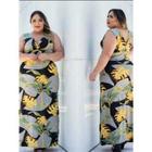 Vestido longo midi plus size Blusa Transpassado decote V na frente e costas Sem Mangas estampado