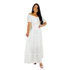 Vestido longo ombro a ombro bordado e cordão branco MHI491