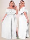 Vestido Longo Plus Size Branco Ano Novo Ombro a Ombro Fenda Ciganinha Elegante Festa