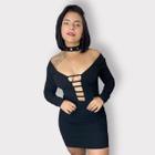 Vestido Manga Longa Feminano Com Fenda Com Gargantilha Bolso