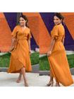 Vestido Mid Envelope Transpassado Decote V Com Laço Na Cintura De Viscose Sarjada Premium Moda Verão