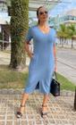 Vestido Midi Anna Moletinho Fenda Frente - Azul Jeans