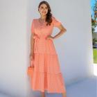 Vestido Midi Antonella em Crepe Poá Salmão