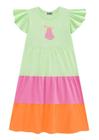 Vestido Midi Infantil Verde/Rosa/Laranja Malha Cotton Kukiê