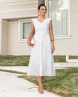 Vestido Midi Juh em Laise Bordado com Manga Curta e Babado na Barra - Monami - Bege e Off White