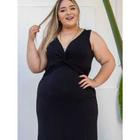 Vestido midi longo plus size Blusa Transpassado decote V na frente e costas Sem Mangas