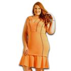 Vestido Midi Malha Crepe Babado Gola V e com Bordado a Mão Plus Size