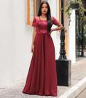 Vestido moda evangélica, com bordado a parte de cima, ziper na lateral,  marsala GG