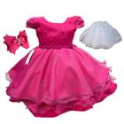 Vestido perolado drapeado pink infantil acompanha saiote e laço de cabelo