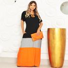 Vestido Plus Size Longo Manga Viscolycra Malha com Bolso Tricolor Preto Cinza e Laranja