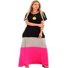 Vestido Plus Size Longo Manga Viscolycra Malha com Bolso Tricolor Preto Cinza e Pink