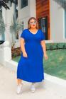 Vestido Plus Size Midi Decote V com Manga Saia Três Marias