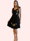 Vestido preto boho curto com bordado floral 9036