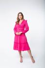 Vestido Rosa Neon Midi Transpassado Babados Manga Longa Gola Decote V Moda Feminina Com Cinto