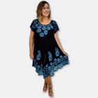 Vestido Trapézio Curto Manga Curta Batik e Bordado Plus Size