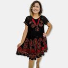 Vestido Trapézio Manga Curta Batik Bordado Plus Size cordão