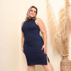 Vestido tubinho gola alta moda plus size feminina verão canelado com fenda lateral