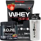 Whey Protein TURBO Concentrado + Pré-treino Bope + Coqueteleira 600ml - Kit Black Skull - Ganho de Massa Muscular - Energia