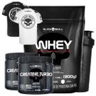 Whey Refil 900g + 2x Creatina Turbo + 2 Camisetas Padrao Branco Gg + Coqueteleira - Black Skull (morango)