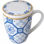 Xícara de Chá Grande de Porcelana Caneca com Filtro e Tampa Lisboa Infusor 310ml